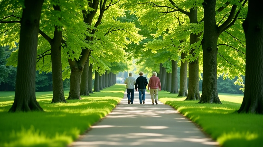 Jūrmalas parks ar zaļiem kokiem un ceļiem pensionāru pastaigas laikā