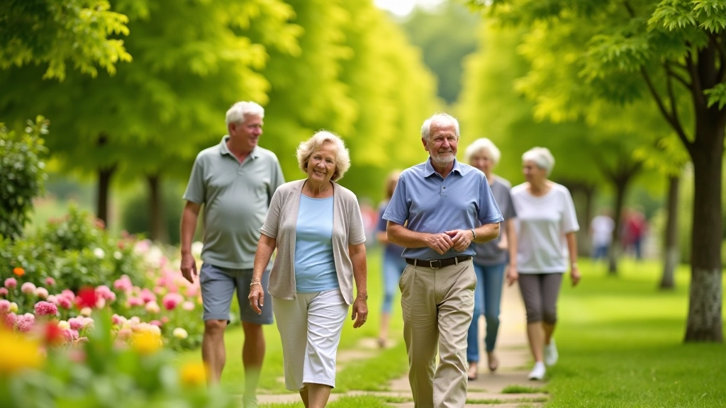 Pensionāri gājas pastaigas botāniskajā dārzā starp ziediem un zaļajiem kokiem