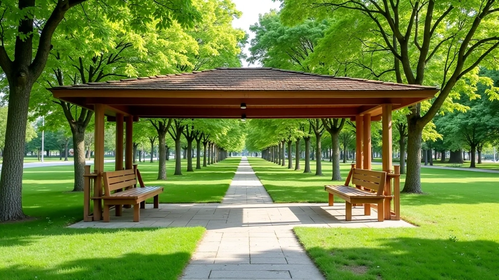 Apsēdināta ēka Jūrmalas parkā ar krēsliem un ēnai