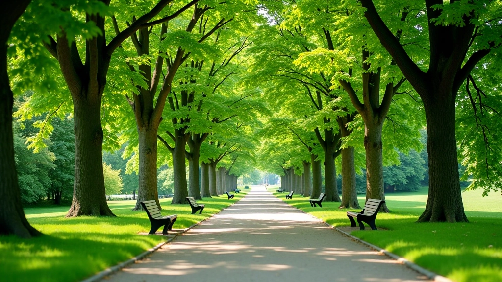 Jūrmalas parks Liepājā ar zaļiem kokiem un alejas
