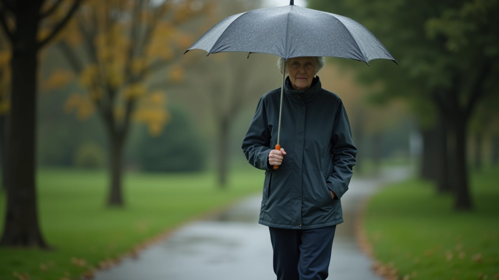 Seniori pastaigā vasaras pēcpusdienā ar lietusomiem un ūdensnecaurlaidīgu apģērbu — praktisks un draudzīgs